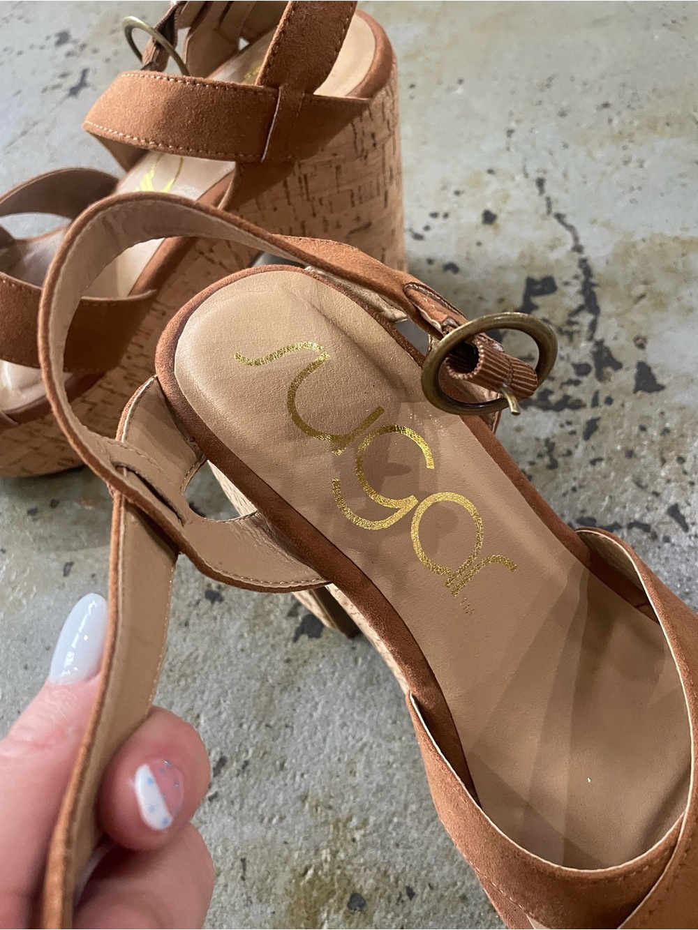 Sugar Women’s Lydia Platform Sandals with Brown Suede Straps and Cork Heels Sz 7 - Picture 2 of 15